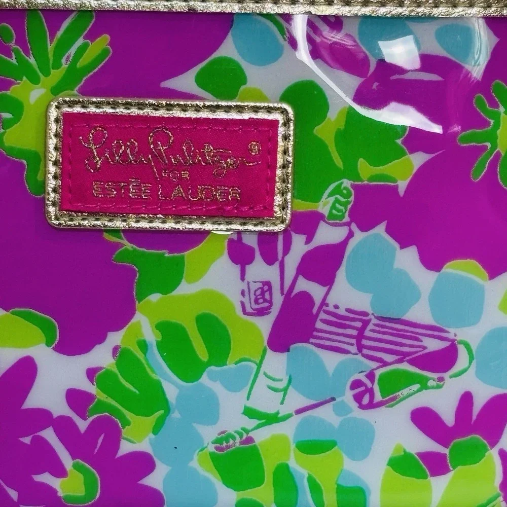 Lilly Pulitzer Green Pink Blue Vinyl Zip Top Cosmetic Case Bag Storage Pretty
